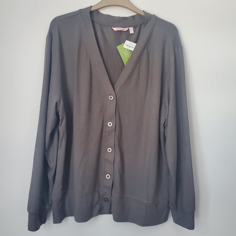 LA VIE EN ROSE Soft Knit Boyfriend Cardigan V Neck Sustainable Cozy Loungewear - Picture 2 of 8